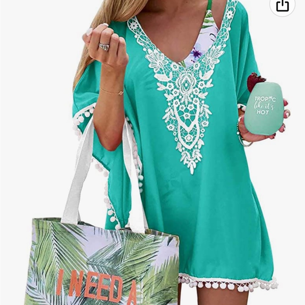 Adreamly Pom Pom trim teal beach cover up